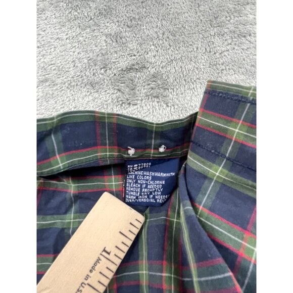 90s Tommy Hilfiger Men Medium Navy Green/Red Lion Crest Plaid Button-Down Shirt - Picture 9 of 11